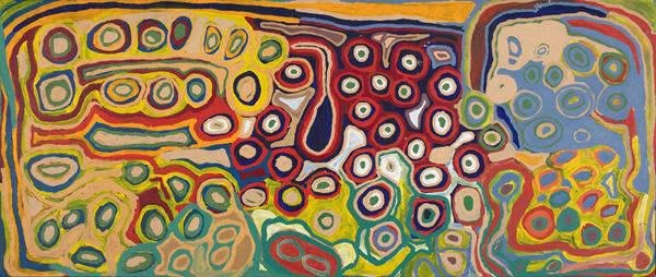 “Kunkun” by Nora Nangapa, Nora Wompi, Bugai Whylouter and Kumpaya Girgaba, Martumili Artists, 2008 Acrylic on canvas 124.5 x 294 cm National Museum of Australia